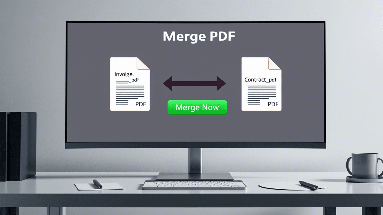 Illustration de plusieurs documents PDF se combinant en un seul fichier unifié.