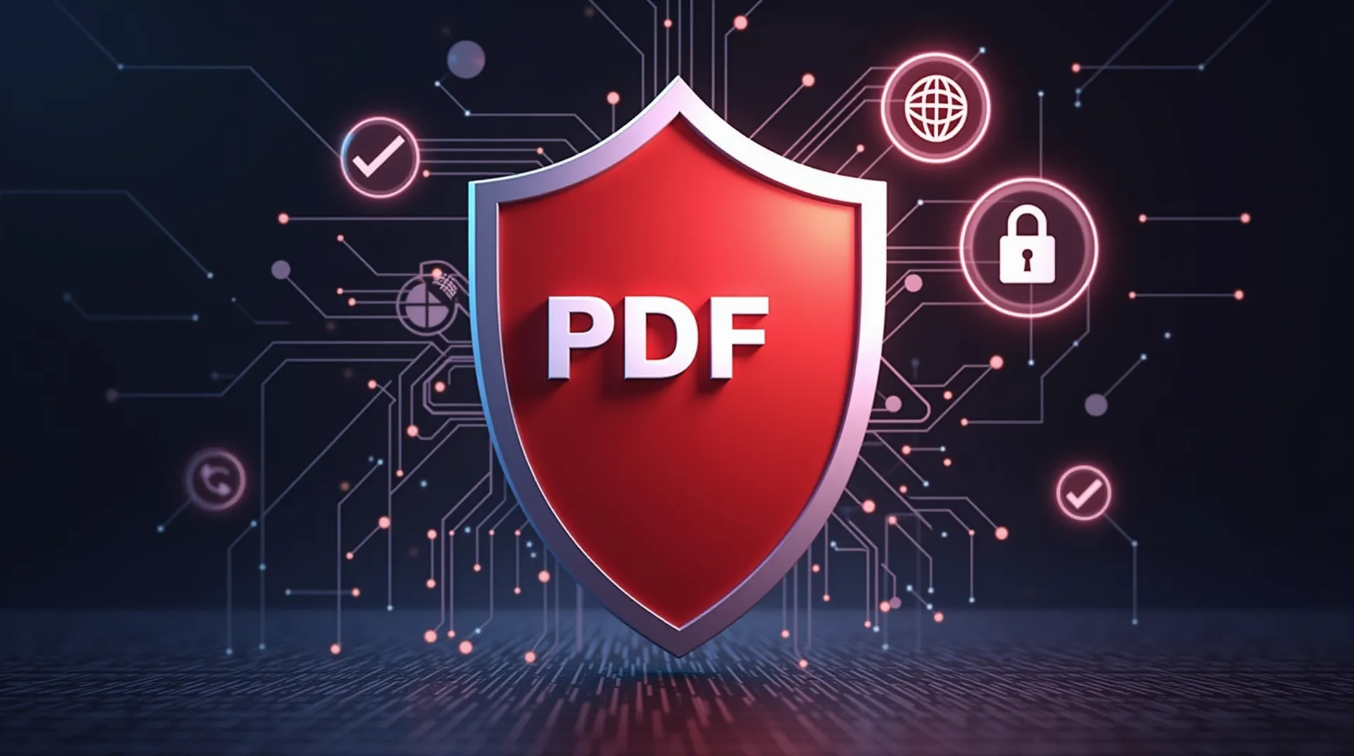 Infografik, die die Hauptvorteile des PDF-Formats zeigt: Universalität, Sicherheit, Komprimierung.