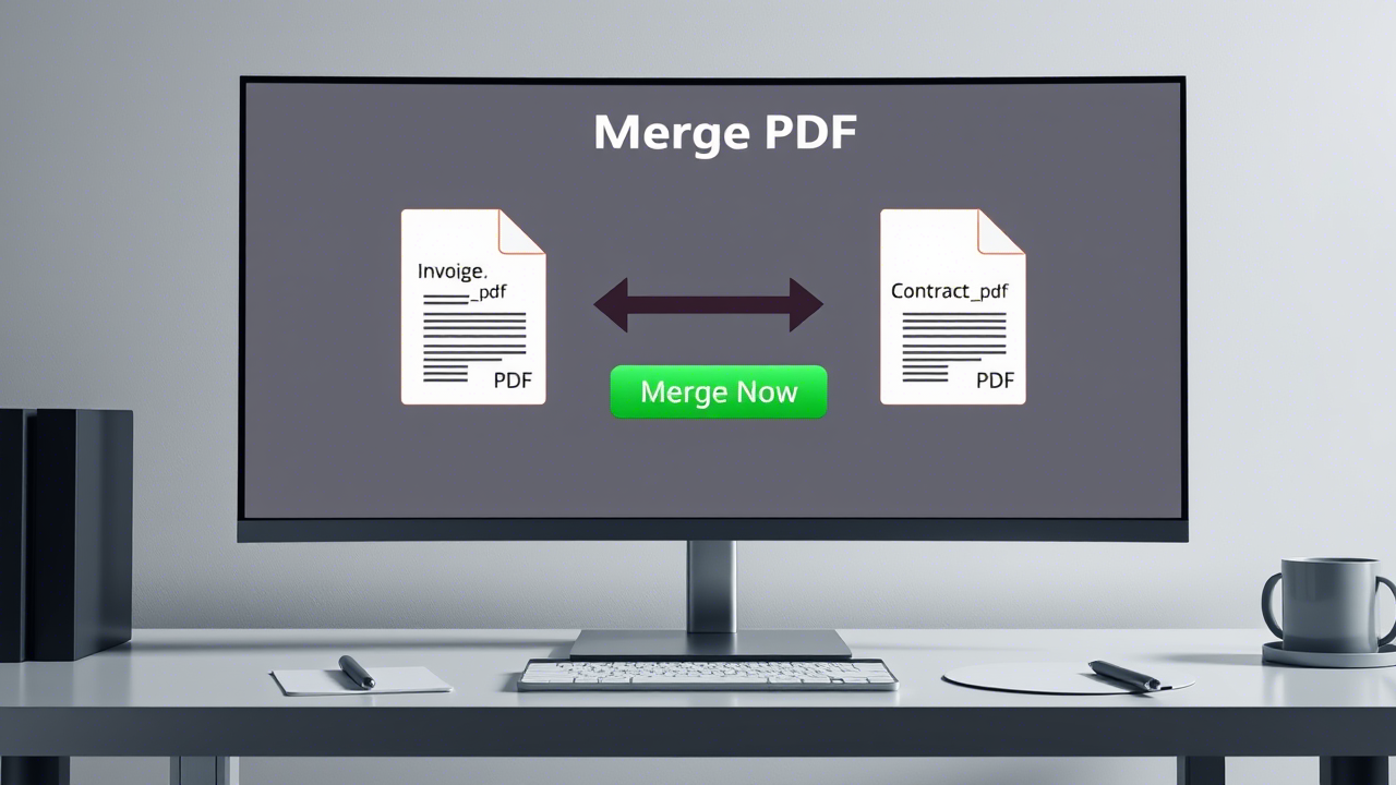 Illustration de plusieurs documents PDF se combinant en un seul fichier unifié.