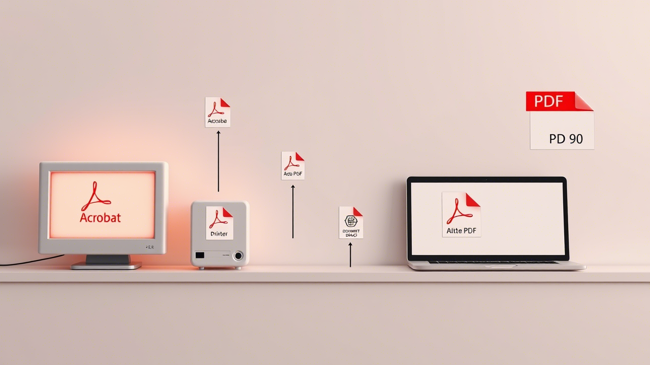 Iconos que simbolizan las ventajas del PDF: un candado para la seguridad, una lupa para la búsqueda y flechas para la compresión.